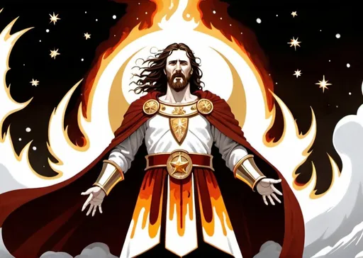 Prompt: In the center, the Son of Man, in a robe and gold breastplate, hair a blizzard of white. Eyes pouring fire-blaze, both feet furnace-fired bronze. His voice a roar, right hand holding the Seven Stars. His mouth a sharp-biting sword, his face a blinding sun.