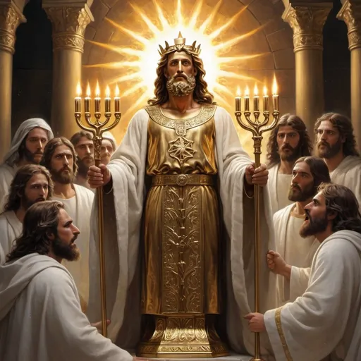 Prompt: I saw a gold menorah
    with seven branches,
And in the center, the Son of Man,
    in a robe and gold breastplate,
    hair a blizzard of white,
Eyes pouring fire-blaze,
    both feet furnace-fired bronze,
His voice a roar,
    right hand holding the Seven Stars,
His mouth a sharp-biting sword,
    his face a blinding sun.