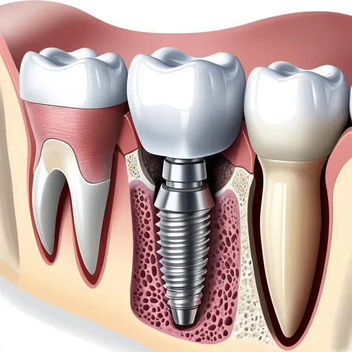 Prompt: Schematic representation of a dental implant in section, very detailed, medical style. Show: Titanium implant (fixator) implanted in the jaw bone. Abutment - a metal connector between the implant and the crown. Crown (ceramic or zirconium) fixed to the abutment. Screw cover inside the implant. Bone tissue around the implant (with the effect of osseointegration). The gum fits tightly to the abutment. Style: medical illustration, white background, captions for each part. Realistic colors: titanium (gray), abutment (golden), crown (white). 8K HDR, super-detailed texture.Show close-up of the implant thread, micropores on the titanium surface