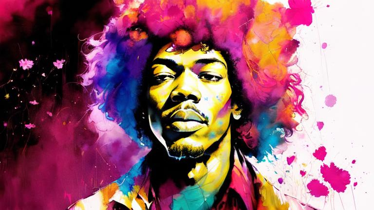 Prompt: a dramatic cinematic photograph jimmy hendrix, flowers, music notes, "Paint by Mistakes" by Agnes Cecile, Carne Griffiths, Patrice Murciano, Vhils, Brian M. Viveros, Ryan Hewett, Artur Bordalo, Ben Quilty, Adam Hughes, Anna Bocek, Adrian Ghenie, Ashley Wood, Jim Mahfood, high resolution, digital art