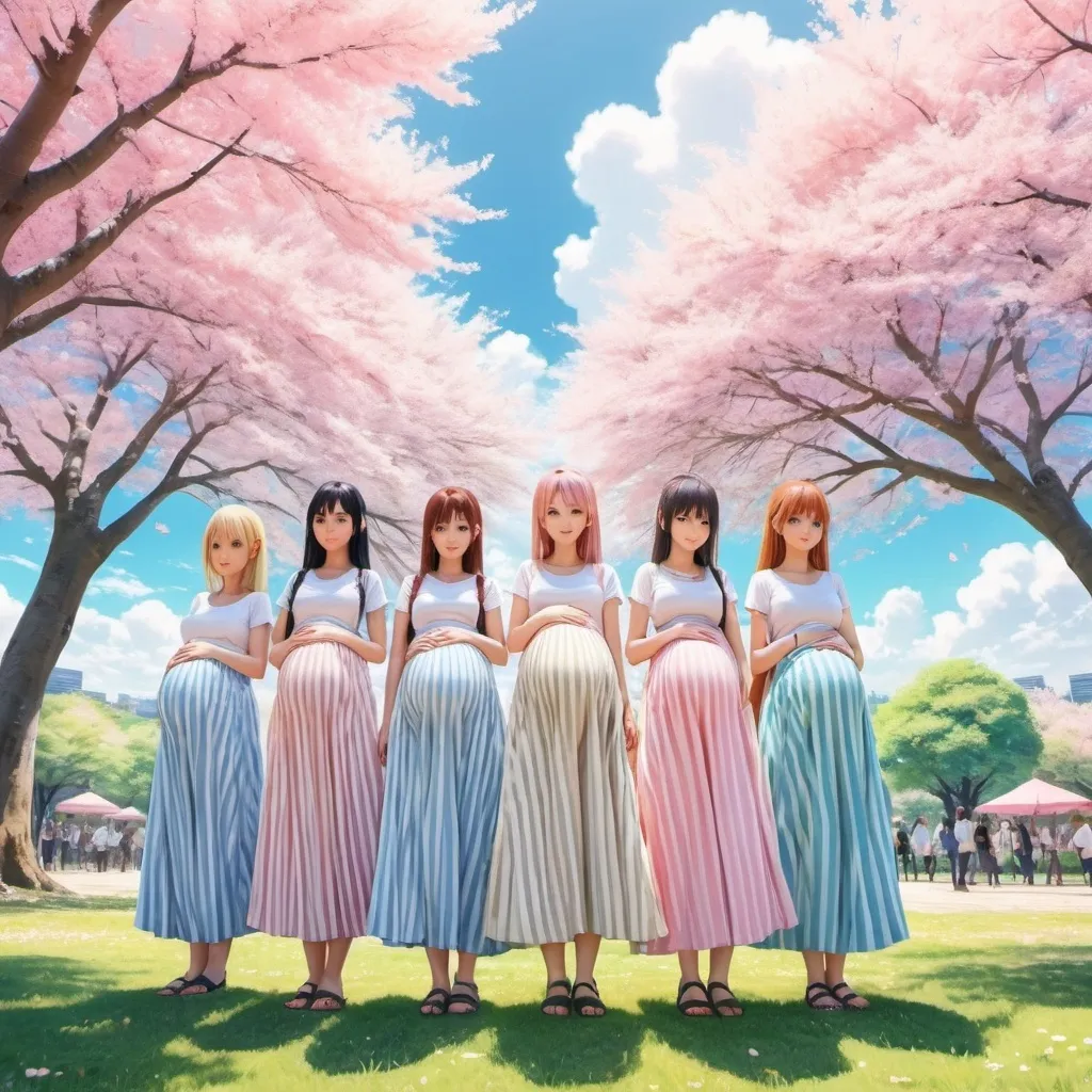 Prompt: Many pregnant anime girls wearing maxi long vertical striped skirts.