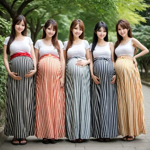 Prompt: Many pregnant anime girls wearing maxi long vertical striped skirts.