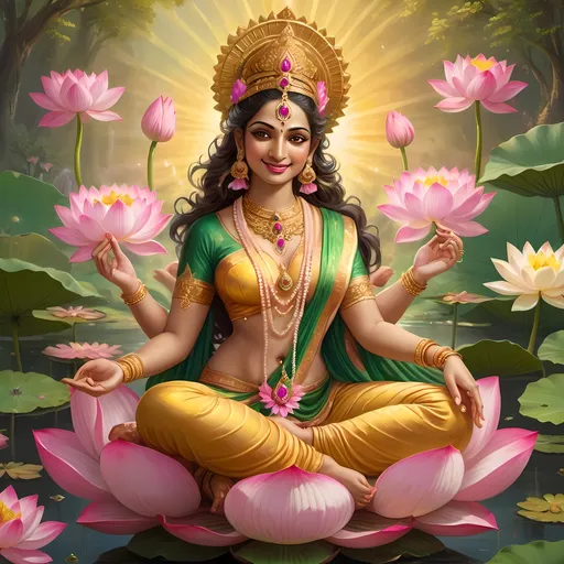 Prompt: Goddess Lakshmi smiling abundance prosperity