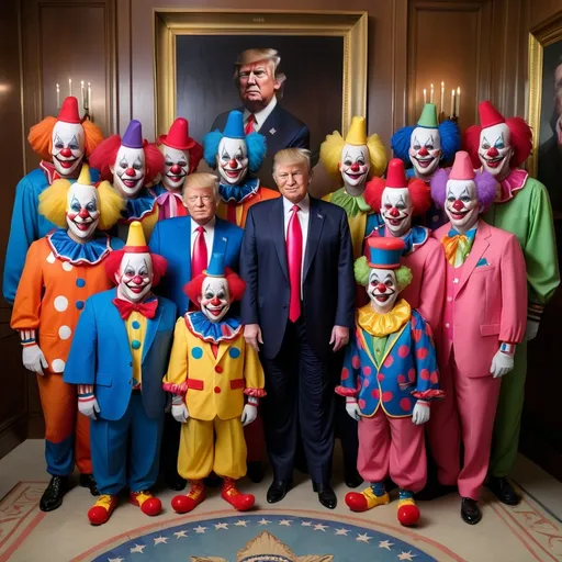 Prompt: President Donald Trump in clown clothes and his clown cabinet members