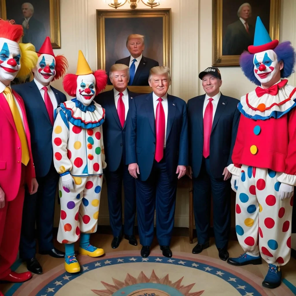 Prompt: President Donald Trump in clown clothes and his clown cabinet members