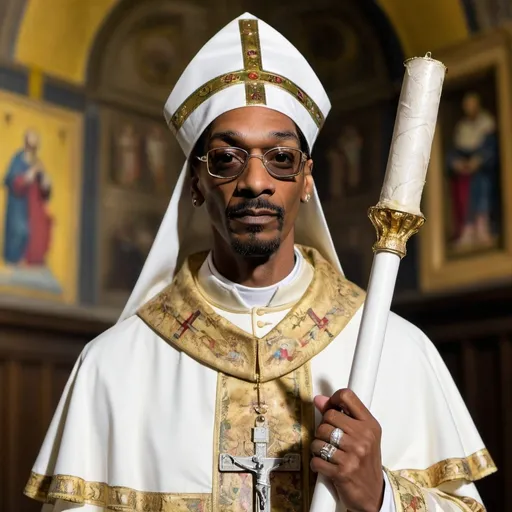 Prompt: San Zeno (he Is the patron saint of Verona) but with Snoop Dog's (the rapper) face. Add the pastoral Rod and the pope's hat