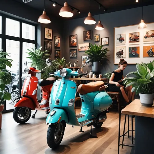 Prompt: realistic photo of people fixing their Vespas in a modern coffee shop full of modern art, music and potted plant, 4K quality, modern clothes, happy, chill 