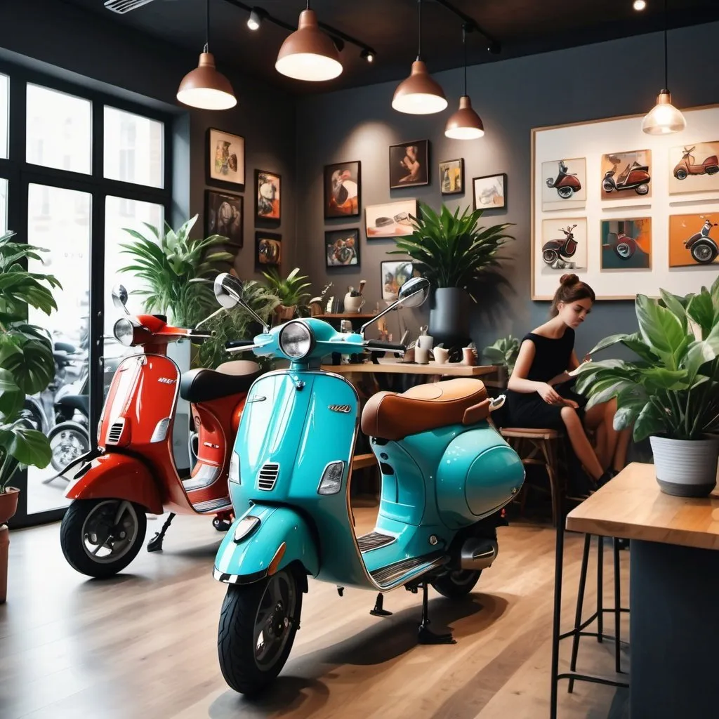 Prompt: realistic photo of people fixing their Vespas in a modern coffee shop full of modern art, music and potted plant, 4K quality, modern clothes, happy, chill 