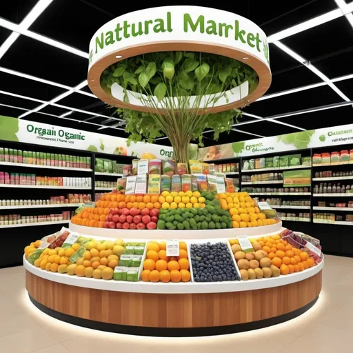 Prompt: Natural products and dietary supplements, vibrant market display, fresh organic fruits and herbs, engaging and informative signage, high quality, marketing illustration, natural color tones, bright and inviting lighting, detailed and appealing presentation, organic, vibrant market, high quality, informative signage, fresh produce, natural supplements, colorful display, professional lighting