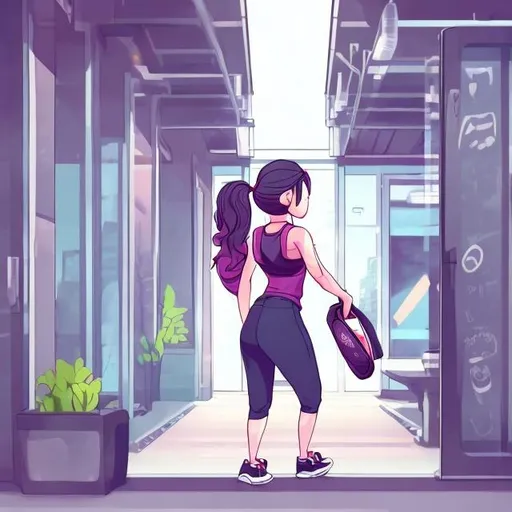 Prompt: simple cartoon character, a 30 year old office worker big city woman with long hair on ponytail, wearing gym clothing and holding a big gym bag. is walking towards the gym door.