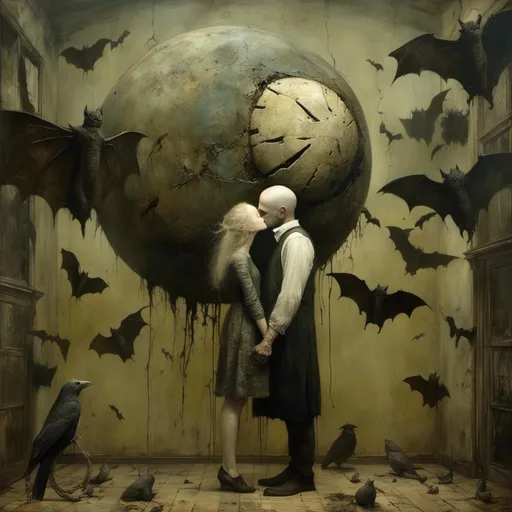 Prompt: <mymodel> Warlock kisses a critter by "Andrea Kowch","Nicola Samori", bats flying by artist "Marc Simonetti", by artist "Ray Caesar", splash art by artist "wlop", calligraphy by artist "Alfred Kubin"; hyperdetailed, maximalist, entangled, magnificent, ominous by artist "Dilma Aminev", 8k, HQ