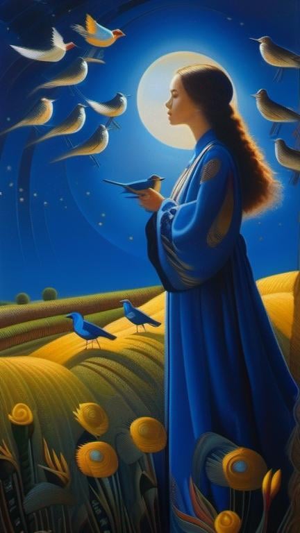 Prompt: sfumato: woman in alone in the fields in embroidered blue robe surrounded blue birds; crepuscule, the moon!!! surrealism, by vittorio zecchini, by Victor Nizovtsev: intricate oil on canvas: calligraphy: professional gouache, natural lighting, volumetric lighting :8k resolution concept art, meticulous, complex, elegant, expansive, fantastical