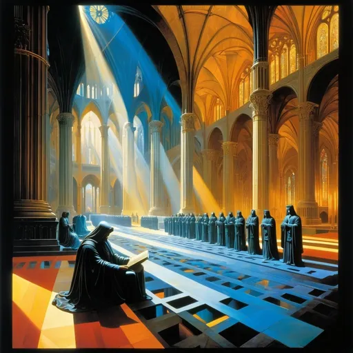 Prompt: <lora:Landscape:1.0> sunrays, chiaroscuro, filigreed, volumetric lighting; (Math Art), inside a beautiful cathedral filled with statues and stained glass windows showing statues and (((complex math formulas))), with hidden mathematical symbols in the background, (((columns made of mathematical graphs))), Gerald Brom, fluid lines and tessellated colors, Generative Art, Surreal Photography, style mix of Linda Allison,Gerald Brom, Manfred Mohr, Zdzisław Beksiński , complex scene, intricate details, intricate filigree details, fashion by Balmain, inspired by 'A Beautiful Mind