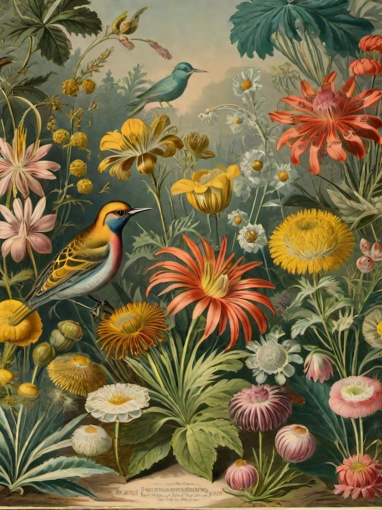 Prompt: a picture of a bunch of different plants and flowers on a sheet of paper with a bird on top of them, Ernst Haeckel, aestheticism, illustration, an illustration of 19th century naturalists