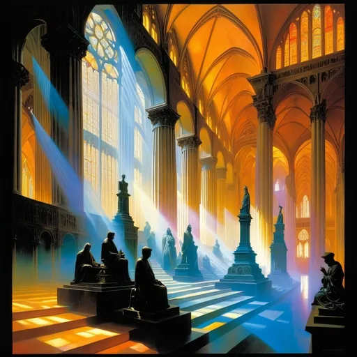 Prompt: <lora:Landscape:1.0> sunrays, chiaroscuro, filigreed, volumetric lighting; (Math Art), inside a beautiful cathedral filled with statues and stained glass windows showing statues and (((complex math formulas))), with hidden mathematical symbols in the background, (((columns made of mathematical graphs))), Gerald Brom, fluid lines and tessellated colors, Generative Art, Surreal Photography, style mix of Linda Allison,Gerald Brom, Manfred Mohr, Zdzisław Beksiński , complex scene, intricate details, intricate filigree details, fashion by Balmain, inspired by 'A Beautiful Mind