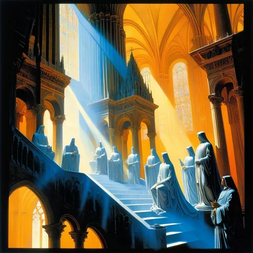 Prompt: <lora:Landscape:1.0> sunrays, chiaroscuro, filigreed, volumetric lighting; (Math Art), inside a beautiful cathedral filled with statues and stained glass windows showing statues and (((complex math formulas))), with hidden mathematical symbols in the background, (((columns made of mathematical graphs))), Gerald Brom, fluid lines and tessellated colors, Generative Art, Surreal Photography, style mix of Linda Allison,Gerald Brom, Manfred Mohr, Zdzisław Beksiński , complex scene, intricate details, intricate filigree details, fashion by Balmain, inspired by 'A Beautiful Mind