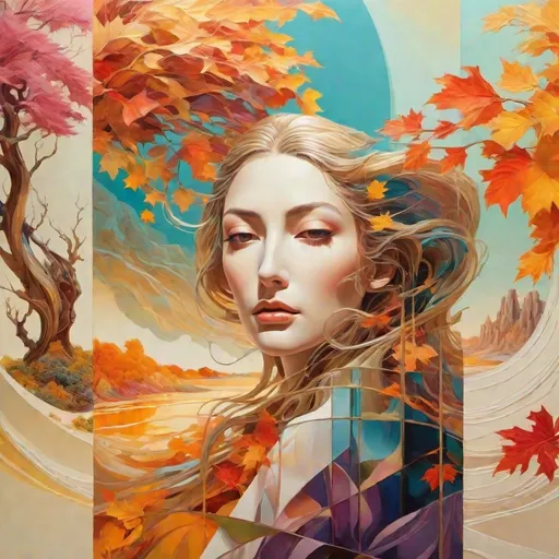 Prompt: Dadaist Neo-Classicism with Impressionist Vaporwave, featuring Non-Objective Art and Smooth Glass Texture, Warm and Cool Palette : A surreal profile of a man’s head containing a windy landscape inside. Strong gusts of wind sweep through, bending trees and sending autumn leaves flying through the air. The landscape seamlessly merges with the man's silhouette, creating a flowing, dreamlike scene where nature and human form become one. The artistic style combines elements of modern abstract with intricate realism, inspired by the fluid, organic shapes of Antoni Gaudí and the imaginative, architectural details of Zaha Hadid. The colors are soft and natural, yet dramatic, highlighting the wind's powerful movement.Dadaist Neo-Classicism with Impr