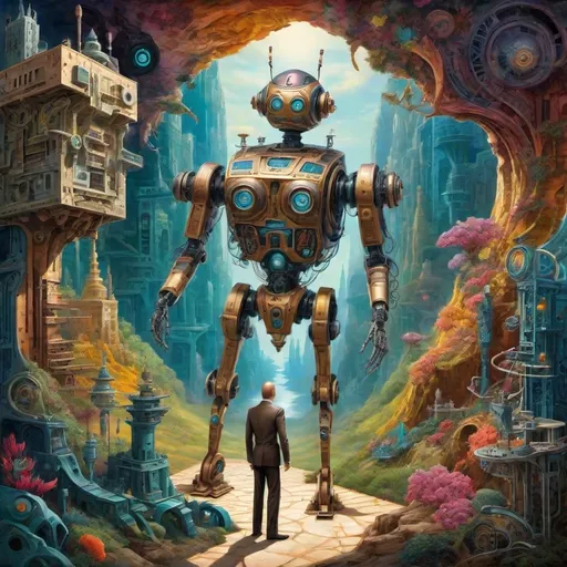 Prompt:  A mixed-media collage depicting a robotic figure and a human being entangled in an absurd, oppressive, and surrealistic landscape. The scene exudes a Kafkaesque atmosphere of unease, alienation, and bureaucracy, blending Synthetism and Spatialism art movements. The robotic figure appears ominous, its sleek design betraying a subtle menace, while the human struggles with an overwhelming sense of futility. The background features labyrinthine corridors, fragmented structures, and incomprehensible machinery, creating a claustrophobic, dreamcore aesthetic. Shadows loom unnaturally, and the vibrant yet dissonant color palette evokes a sense of dread. High-resolution, enigmatic, and intricately detailed—worthy of an Artstation bestseller.