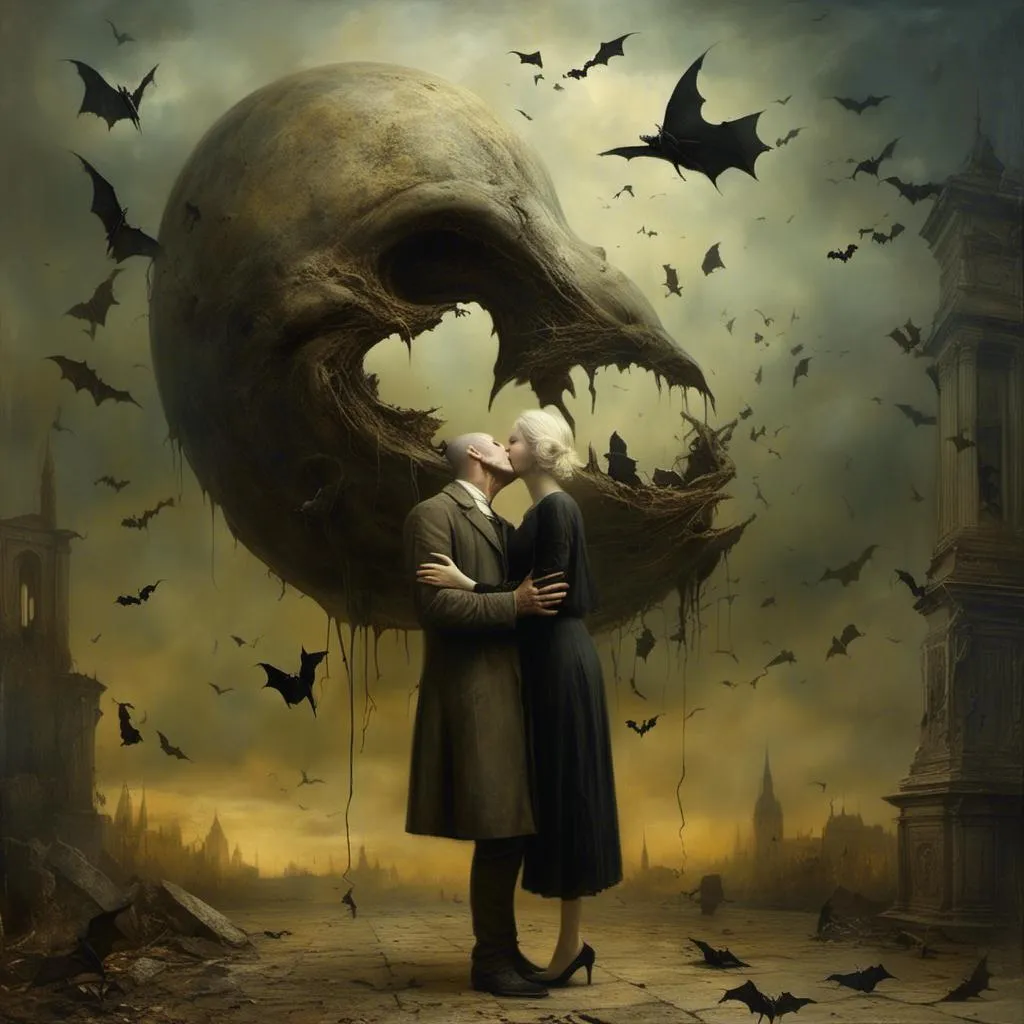 Prompt: <mymodel> Warlock kisses a critter by "Andrea Kowch","Nicola Samori", bats flying by artist "Marc Simonetti", by artist "Ray Caesar", splash art by artist "wlop", calligraphy by artist "Alfred Kubin"; hyperdetailed, maximalist, entangled, magnificent, ominous by artist "Dilma Aminev", 8k, HQ