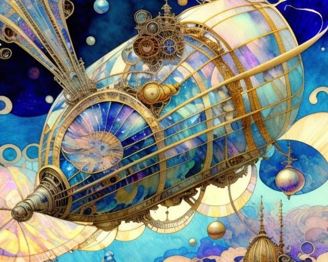 Prompt: hyperdetailed steampunk zeppelin floating in space 🌌! artstation: mother of pearl marbling! watercolor lines!! soft oil stains!!",meticulous hyperdetailed watercolor illustration by wlop: By alphonse mucha and Jean Baptiste mongue: mikhail vrubel: frazetta: afremov: professional photography, natural lighting, volumetric lighting maximalist photoillustration 8k resolution concept art, complex, elegant, expansive, fantastical, HQ, 4k, soft flowery, greenish, intertwined background