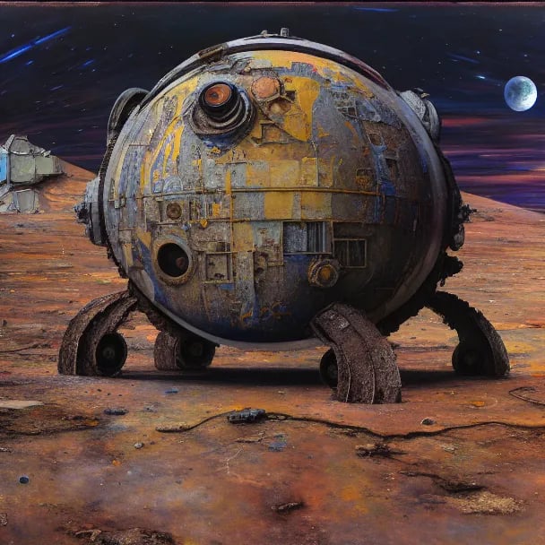 Prompt: long shot of derelict rusty moonbase; by artist "mikhail vrubel"; by artist "CHET ZAR"; by artist "PÄR OLOFSSON"; hyperdetailed, hyperrealist, oil on canvas, meticulous, crepuscule, kodak ektar, deep colors, sharp focus, 8k, HQ, sharp focus, depth of field, ominous, crepuscule, magnificent, meticulous, epic lighting" earth on indigo starry night background by Killian Eng, by Moebius, by Stephen Hillenburg; 8k render, watercolor, sharp focus, magnificent, depth of focus, delicate gouache strokes, intertwined color lines, volumetric light, sun rays; earth on indigo starry night background by Killian Eng, by Moebius, by Stephen Hillenburg; 8k render, watercolor, sharp focus, magnificent, depth of focus, delicate gouache strokes, intertwined color lines, volumetric light