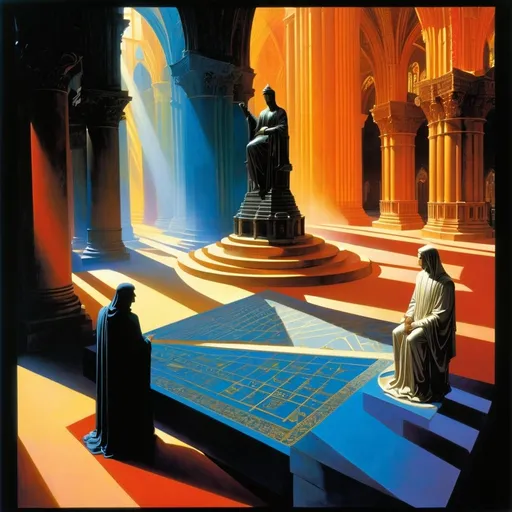 Prompt: <lora:Landscape:1.0> sunrays, chiaroscuro, filigreed, volumetric lighting; (Math Art), inside a beautiful cathedral filled with statues and stained glass windows showing statues and (((complex math formulas))), with hidden mathematical symbols in the background, (((columns made of mathematical graphs))), Gerald Brom, fluid lines and tessellated colors, Generative Art, Surreal Photography, style mix of Linda Allison,Gerald Brom, Manfred Mohr, Zdzisław Beksiński , complex scene, intricate details, intricate filigree details, fashion by Balmain, inspired by 'A Beautiful Mind