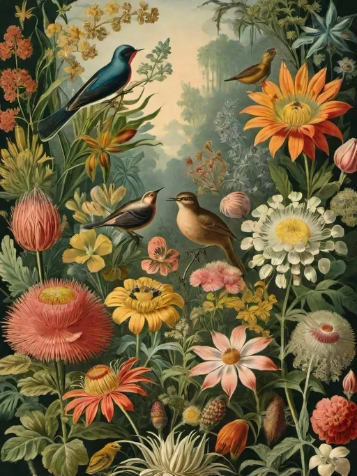 Prompt: a picture of a bunch of different plants and flowers on a sheet of paper with a bird on top of them, Ernst Haeckel, aestheticism, illustration, an illustration of 19th century naturalists