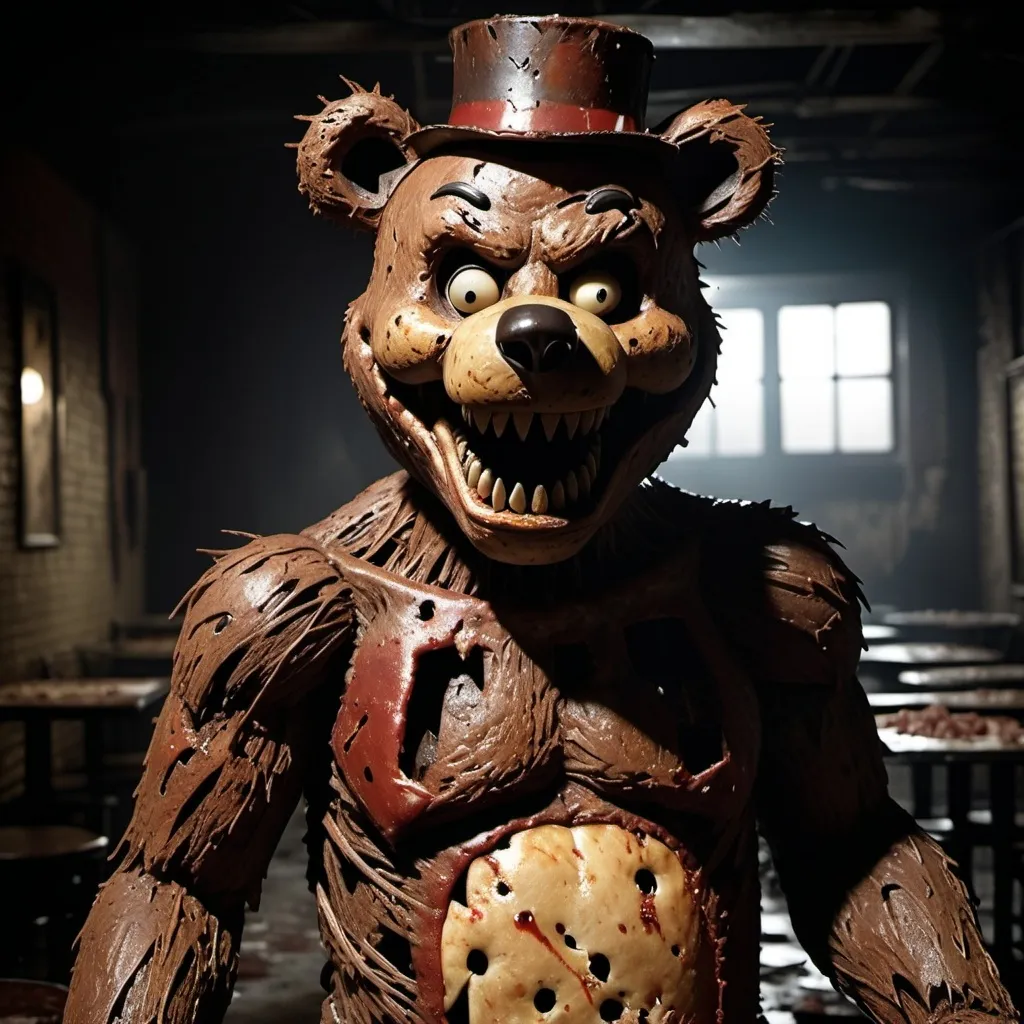 Prompt: Terrible, scary, rusty, wicked Nightmare Freddy Bear with sharp teeth stands in a dark, gloomy, destroyed pizzeria