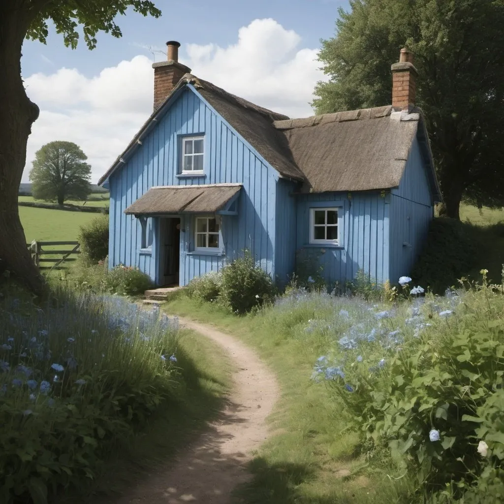 Prompt: a recurring dream of a young woman who ends up in the countryside where she sees a blue-shuttered cottage