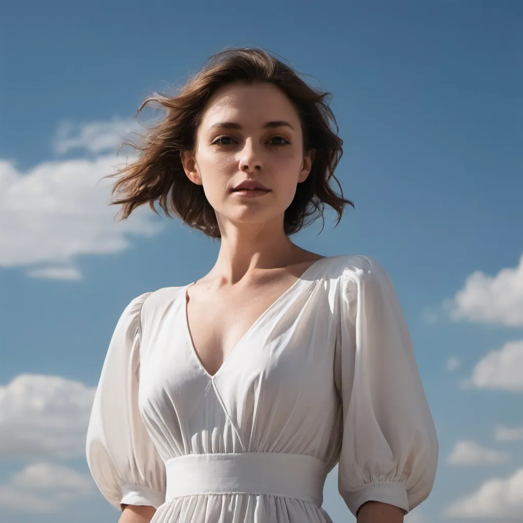 Prompt: a woman in a white dress with sleeves and a sky behind her