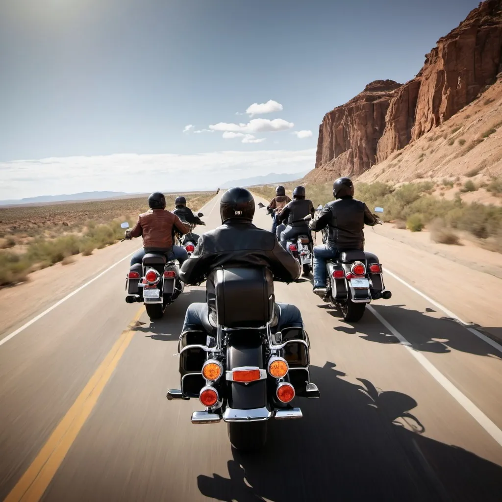 Prompt: group of riders riding harley davidson motorcycle enjoy the ride to west cost foto from behind