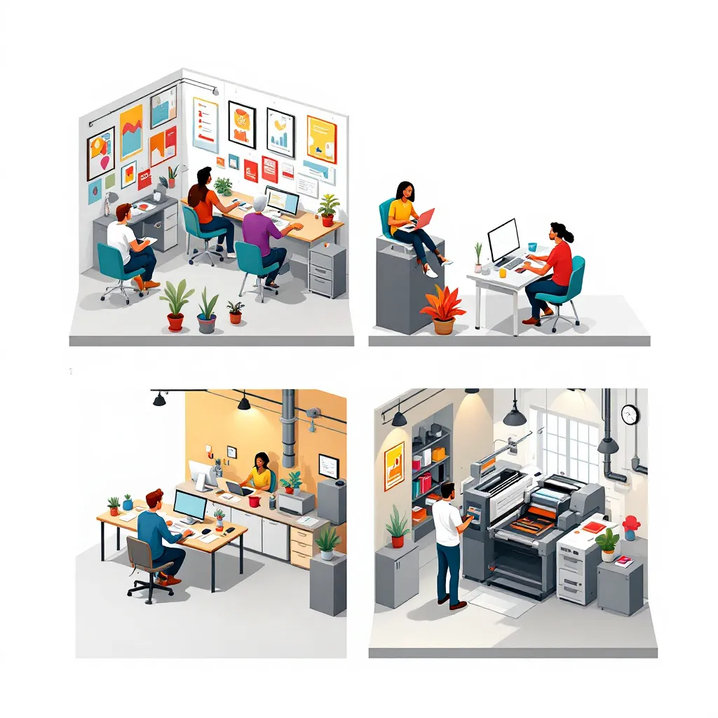 Prompt: Create a small design-and-print shop. 1. In the design studio, show several employees (MALE: two White and one Hispanic, and FEMALE: one Black and one White) working on computers at separate desks. The room should look creative with posters. 2. In another block, show the printing press room. In the printing press room, depict two male employees (one white and one Hispanic) operating one large printing press with industrial surroundings.