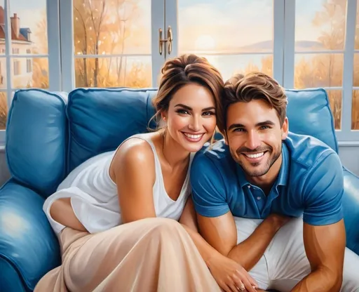 Prompt: High-quality, realistic oil painting of two attractive individuals smiling, warm color tones, soft lighting, detailed facial features, genuine smiles, human connection, romantic, classic style, emotional warmth, oil painting, detailed expressions, best quality, warm tones, genuine connection, romantic atmosphere, soft lighting, emotional warmth