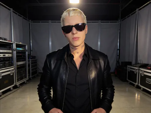 Prompt: @kndqBZ66HfGo5KrCpEyswith beautiful photos with black sunglasses, black jacket, black shirt and nice backstage