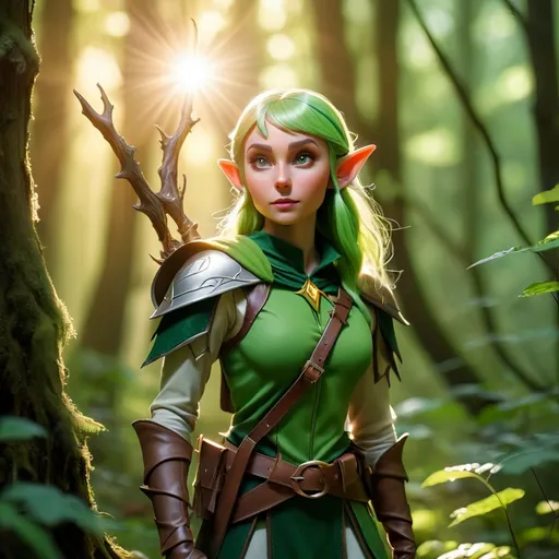 Prompt: Elf ranger in a mystical forest around sunlight