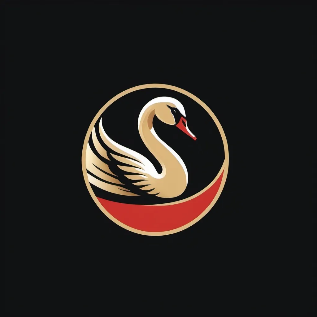 Prompt: A minimalist sporting logo, retro aesthetic, with a color palette consisting mainly of red, gold and black, a black swan