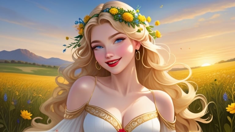 Prompt: Masterpiece, AIgenerated, newest, intricate details, ray tracing, ultra detailed, high resolution, (((beautiful female))), (blond hair), long straight hair, field of wildflowers background, yellow sunset, no clouds, vibrant makeup, red lipstick, pale skin, blue eyes, small hoop earrings, smiling, ((gold goddess dress))