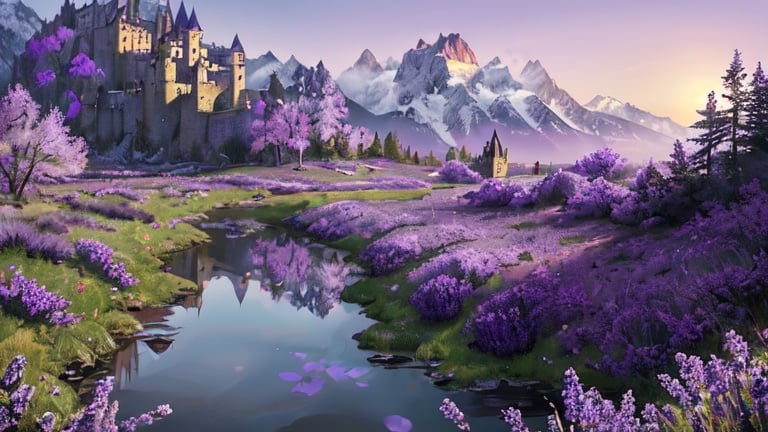 Prompt: Masterpiece, AI-generated, newest, intricate details, photorealistic, ultra detailed, high resolution, wallpaper, landscape, mountains, (((purple trees))), field of purple flowers, ((abandoned castle)), spring, (ray tracing), pond, deer