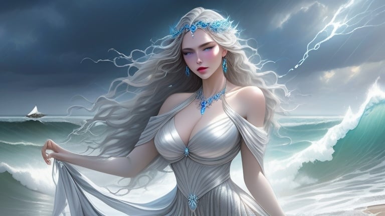 Prompt: Masterpiece, AIgenerated, newest, intricate details, ray tracing, ultra detailed, high resolution, (((beautiful female))), ((water hair)), (silver goddess dress), vibrant makeup, pale skin, crisp, holding staff, silver jewelry, seashore background, stormy skies, grim expression