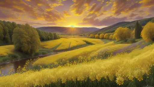 Prompt: Masterpiece, AI-generated, newest, intricate details, photorealistic, ultra detailed, high resolution, wallpaper, landscape, (((field of yellow flowers))), river, trees, ((colorful sunset)), clouds, hills, boulders, old cottage, (deer)