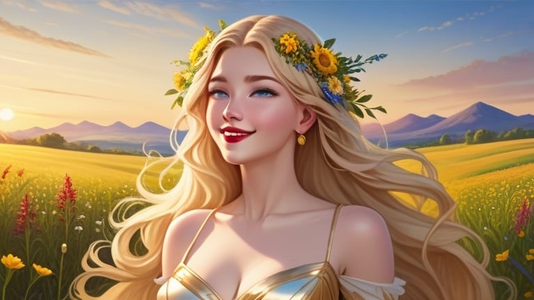 Prompt: Masterpiece, AIgenerated, newest, intricate details, ray tracing, ultra detailed, high resolution, (((beautiful female))), (blond hair), long straight hair, field of wildflowers background, yellow sunset, no clouds, vibrant makeup, red lipstick, pale skin, blue eyes, small hoop earrings, smiling, ((gold goddess dress))