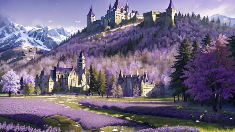 Prompt: Masterpiece, AI-generated, newest, intricate details, photorealistic, ultra detailed, high resolution, wallpaper, landscape, mountains, (((purple trees))), field of purple flowers, ((abandoned castle)), spring, (ray tracing), pond, deer