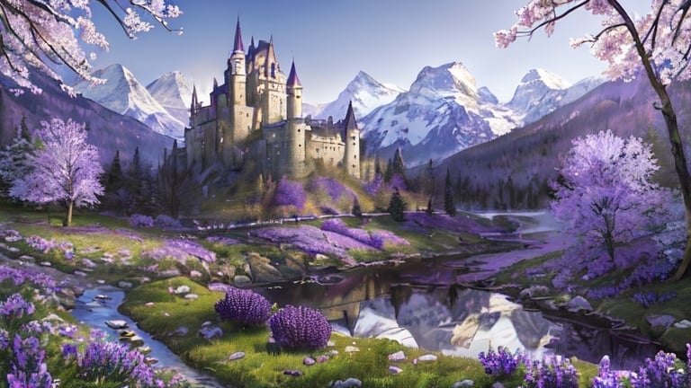 Prompt: Masterpiece, AI-generated, newest, intricate details, photorealistic, ultra detailed, high resolution, wallpaper, landscape, mountains, (((purple trees))), field of purple flowers, ((abandoned castle)), spring, (ray tracing), pond, deer