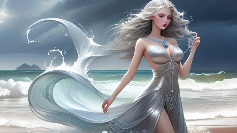 Prompt: Masterpiece, AIgenerated, newest, intricate details, ray tracing, ultra detailed, high resolution, (((beautiful female))), ((water hair)), (silver goddess dress), vibrant makeup, pale skin, crisp, holding staff, silver jewelry, seashore background, stormy skies, grim expression