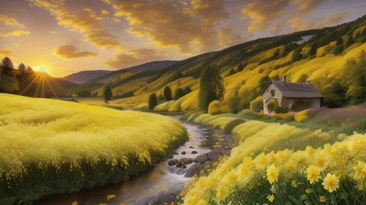 Prompt: Masterpiece, AI-generated, newest, intricate details, photorealistic, ultra detailed, high resolution, wallpaper, landscape, (((field of yellow flowers))), river, trees, ((colorful sunset)), clouds, hills, boulders, old cottage, (deer)