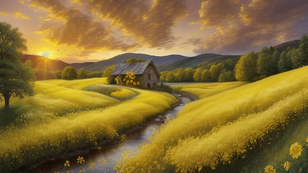 Prompt: Masterpiece, AI-generated, newest, intricate details, photorealistic, ultra detailed, high resolution, wallpaper, landscape, (((field of yellow flowers))), river, trees, ((colorful sunset)), clouds, hills, boulders, old cottage, (deer)