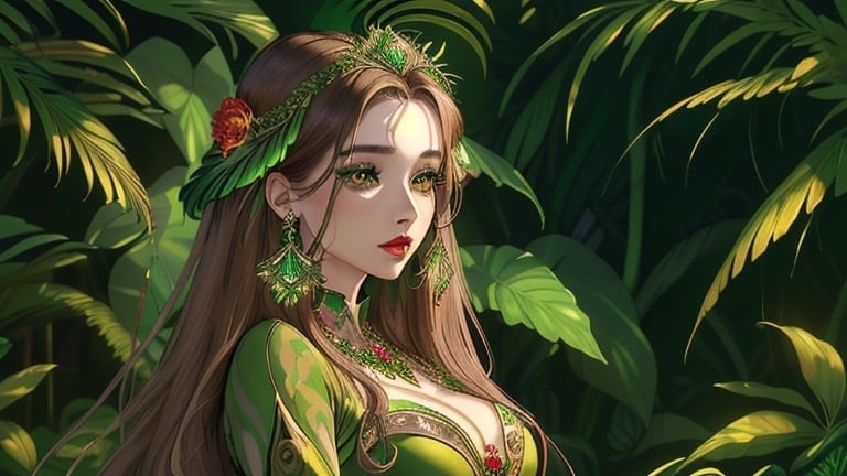 Prompt: Masterpiece, AI-generated, newest, intricate details, ultra detailed, high resolution, (((beautiful female))), long straight hair, (brown hair), ray tracing, ((wearing green goddess dress)), emeralds, jungle background, exotic flowers, vibrant makeup, red lipstick, wearing gold jewelry, brown eyes, pale skin