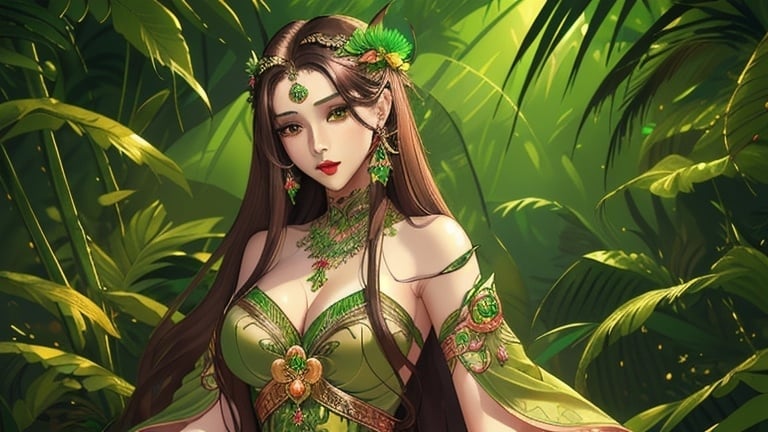 Prompt: Masterpiece, AI-generated, newest, intricate details, ultra detailed, high resolution, (((beautiful female))), long straight hair, (brown hair), ray tracing, ((wearing green goddess dress)), emeralds, jungle background, exotic flowers, vibrant makeup, red lipstick, wearing gold jewelry, brown eyes, pale skin