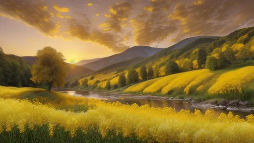 Prompt: Masterpiece, AI-generated, newest, intricate details, photorealistic, ultra detailed, high resolution, wallpaper, landscape, (((field of yellow flowers))), river, trees, ((colorful sunset)), clouds, hills, boulders, old cottage, (deer)