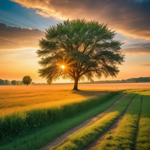 Prompt: (sunrise in a field), sun on the left side, (solitary tree in the middle), vibrant colors, golden sunlight, dramatic contrasts, soft shadows, warm hues blending into the sky, tranquil atmosphere, morning dew on grass, serene landscape, nature awakening, high definition, ultra-detailed, beautiful scenery evoking peace and tranquility.